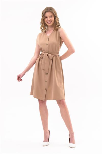 Apsen Kadın Camel Bağlama Detaylı V Yaka Düğmeli Kolsuz Elbise 4320-95