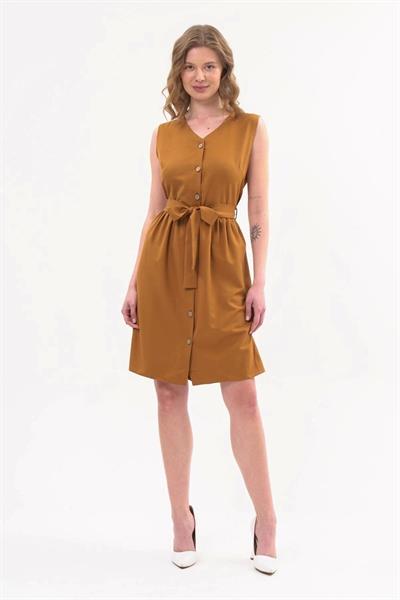 Apsen  Kadın Taba Bağlama Detaylı V Yaka Düğmeli Kolsuz Elbise 4320-95