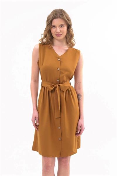 Apsen  Kadın Taba Bağlama Detaylı V Yaka Düğmeli Kolsuz Elbise 4320-95