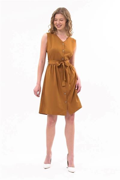 Apsen  Kadın Taba Bağlama Detaylı V Yaka Düğmeli Kolsuz Elbise 4320-95