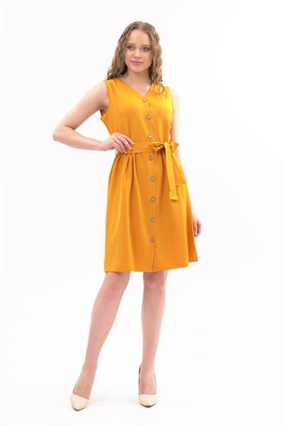 Apsen Kadın Hardal Bağlama Detaylı V Yaka Düğmeli Kolsuz Elbise 4320-95 