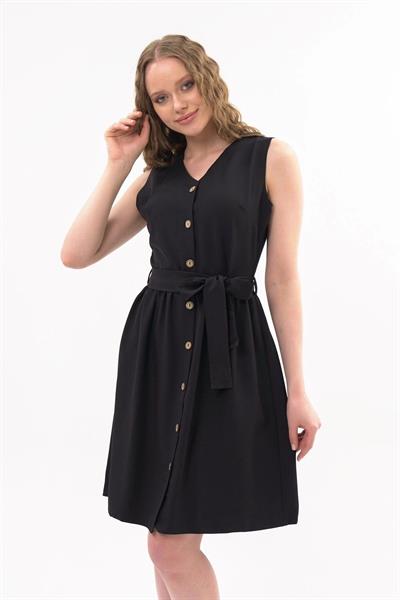 Apsen Kadın Siyah Bağlama Detaylı V Yaka Düğmeli Kolsuz Elbise 4320-95