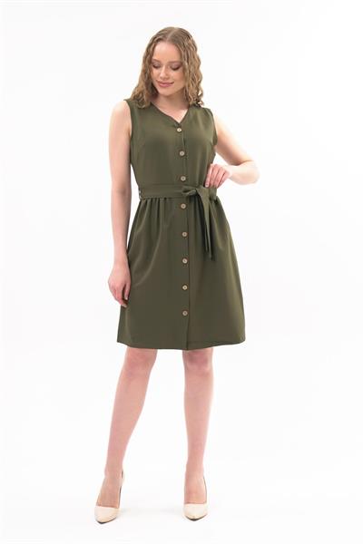 Apsen  Kadın Haki Bağlama Detaylı V Yaka Düğmeli Kolsuz Elbise 4320-95