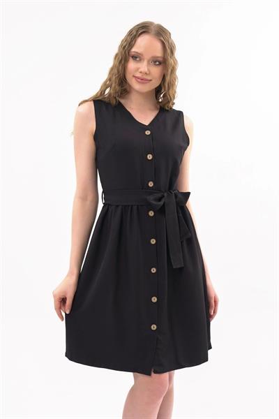 Apsen Kadın Siyah Bağlama Detaylı V Yaka Düğmeli Kolsuz Elbise 4320-95