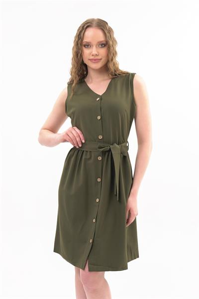 Apsen  Kadın Haki Bağlama Detaylı V Yaka Düğmeli Kolsuz Elbise 4320-95