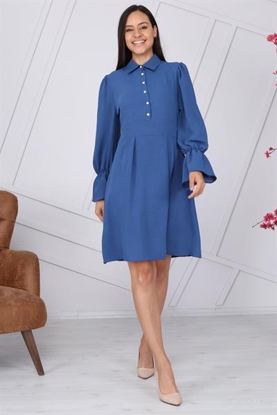 Apsen Kadın İndigoj Gömlek Yaka Kol Detaylı Mevsimlik  Elbise 4076-100