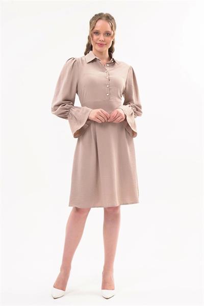 Apsen Kadın Bej Gömlek Yaka Kol Detaylı Mevsimlik  Elbise 4076-100