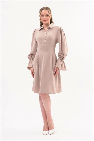 Apsen Kadın Bej Gömlek Yaka Kol Detaylı Mevsimlik  Elbise 4076-100
