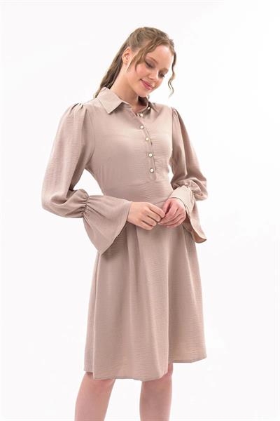 Apsen Kadın Bej Gömlek Yaka Kol Detaylı Mevsimlik  Elbise 4076-100