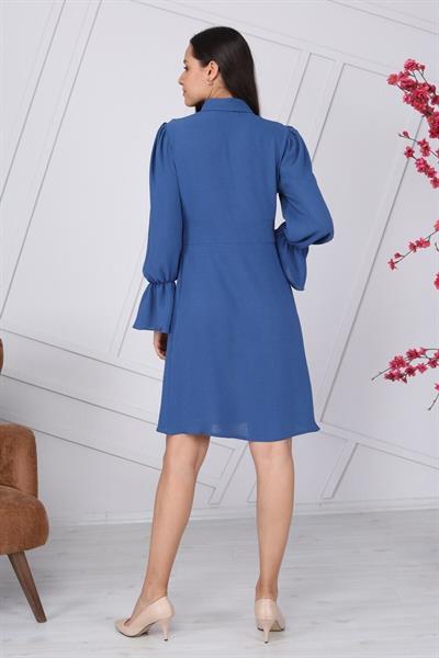 Apsen Kadın İndigoj Gömlek Yaka Kol Detaylı Mevsimlik  Elbise 4076-100