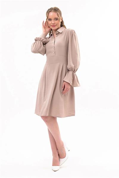 Apsen Kadın Bej Gömlek Yaka Kol Detaylı Mevsimlik  Elbise 4076-100