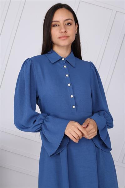 Apsen Kadın İndigoj Gömlek Yaka Kol Detaylı Mevsimlik  Elbise 4076-100