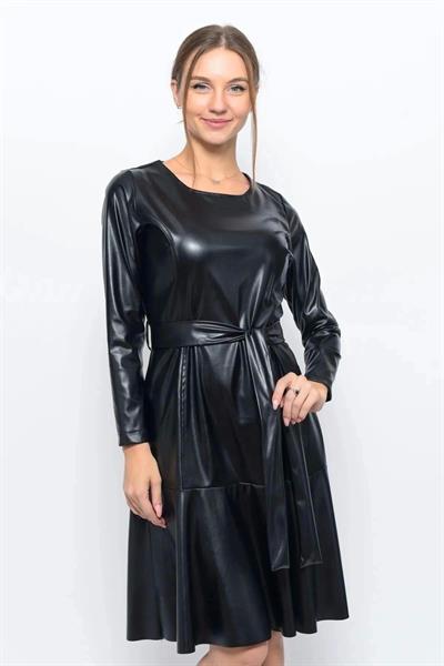 Apsen Kadın Bisiklet Yaka Bağlama Detaylı Deri Görünümlü Kışlık Elbise 4357-100