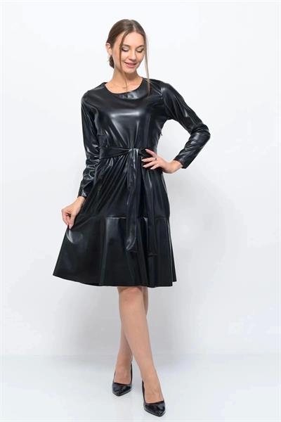 Apsen Kadın Bisiklet Yaka Bağlama Detaylı Deri Görünümlü Kışlık Elbise 4357-100