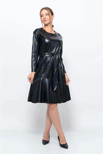 Apsen Kadın Bisiklet Yaka Bağlama Detaylı Deri Görünümlü Kışlık Elbise 4357-100