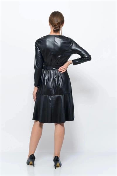 Apsen Kadın Bisiklet Yaka Bağlama Detaylı Deri Görünümlü Kışlık Elbise 4357-100