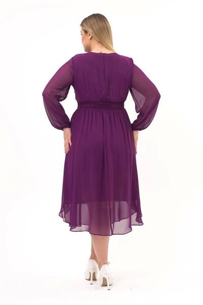 Kadın Bisiklet Yaka Uzun Kol Detaylı Midi Boy Şifon elbise 4466/120