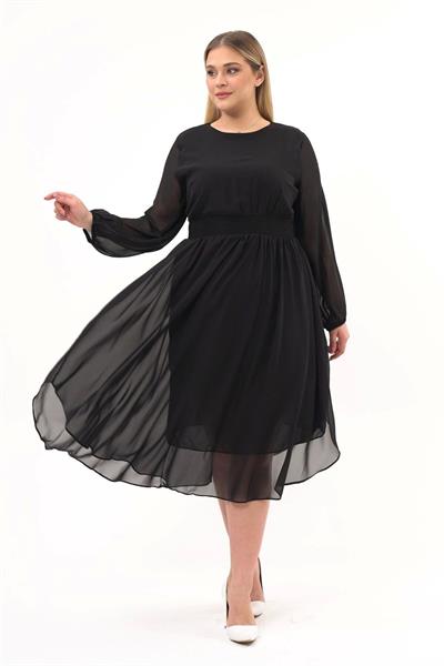 Kadın Bisiklet Yaka Uzun Kol Detaylı Midi Boy Şifon elbise 4466/120