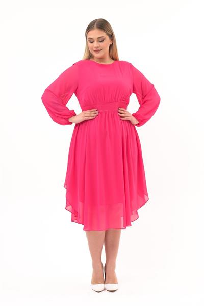 Kadın Bisiklet Yaka Uzun Kol Detaylı Midi Boy Şifon elbise 4466/120