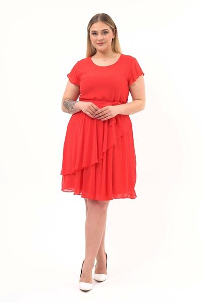 Kadın Bisiklet Yaka Volan Detaylı Midi Büyük Beden Şifon Elbise 4337/110