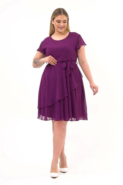 Kadın Bisiklet Yaka Volan Detaylı Midi Büyük Beden Şifon Elbise 4337/110