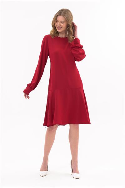 Apseb Kadın Bordo Bisiklet Yaka  Kolyeli Volan Detaylı Midi Mevsimlik Elbise 4033-100 