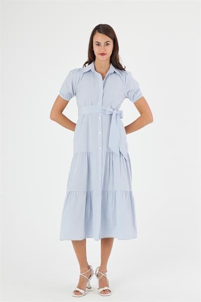 Kadın Boydan Düğmeli Eteği Volanlı Çizgili Elbise 4501/120