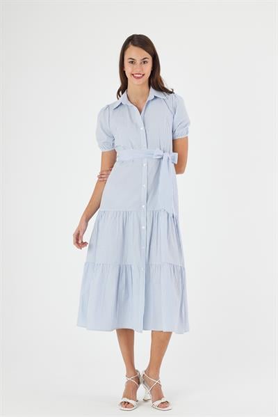 Kadın Boydan Düğmeli Eteği Volanlı Çizgili Elbise 4501/120