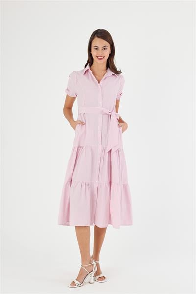 Kadın Boydan Düğmeli Eteği Volanlı Çizgili Elbise 4501/120