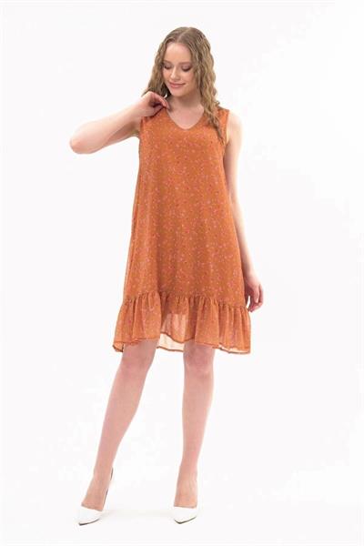 Apsen Kadın Hardal Büzgü Detaylı Midi Boy Emprime Şifon Elbise 4326-95