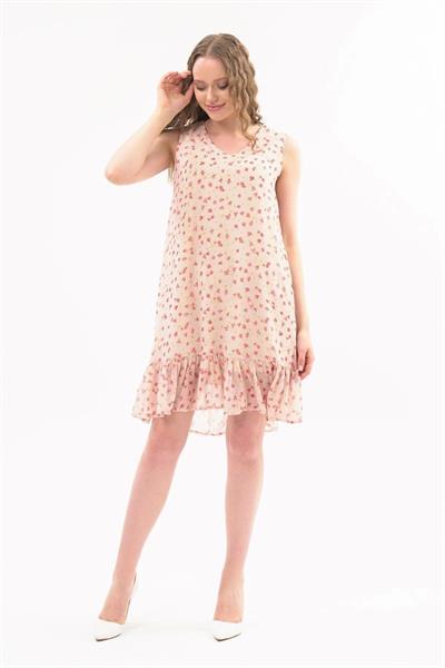 Apsen Kadın Bej Büzgü Detaylı Midi Boy Emprime Şifon Elbise 4326-95