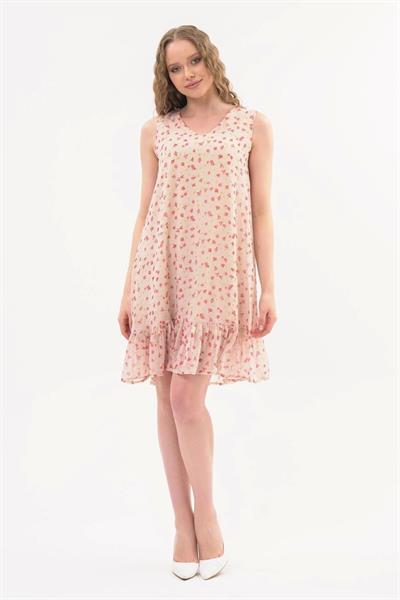 Apsen Kadın Bej Büzgü Detaylı Midi Boy Emprime Şifon Elbise 4326-95