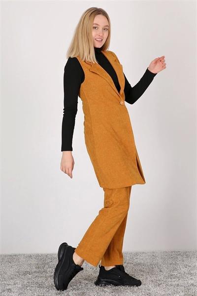 Kadın Ceket Yaka Düğme Detaylı Fitilli Kadife Takım 7008/90