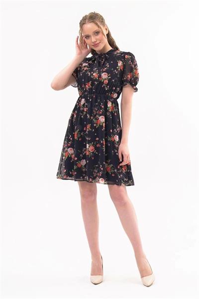 Kadın Çiçek Desenli Bağlamalı Yaka Diz Üstü şifon Elbise 4438/100