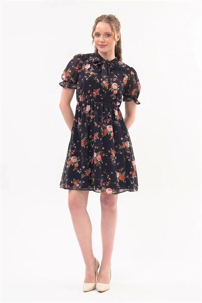 Kadın Çiçek Desenli Bağlamalı Yaka Diz Üstü şifon Elbise 4438/100