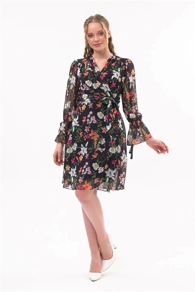 Kadın Çiçek Desenli Kruvaze Yaka Midi Şifon Elbise 4433/100