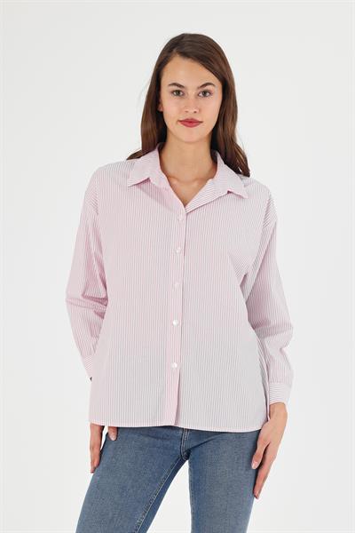 Kadın Çizgili Sırtı Düğme Detaylı Oversize/Geniş Kalıp Dokuma Gömlek 5186/75