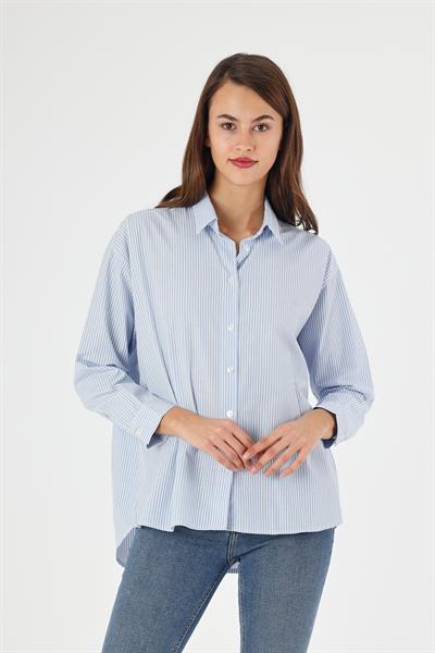 Kadın Çizgili Sırtı Düğme Detaylı Oversize/Geniş Kalıp Dokuma Gömlek 5186/75