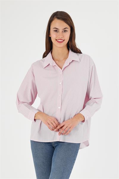Kadın Çizgili Sırtı Düğme Detaylı Oversize/Geniş Kalıp Dokuma Gömlek 5186/75