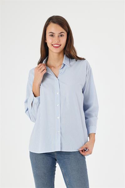 Kadın Çizgili Sırtı Düğme Detaylı Oversize/Geniş Kalıp Dokuma Gömlek 5186/75