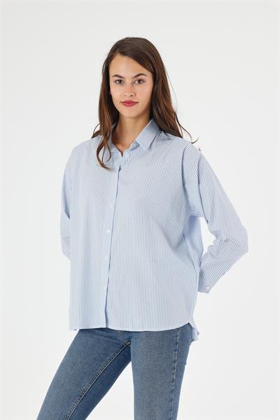 Kadın Çizgili Sırtı Düğme Detaylı Oversize/Geniş Kalıp Dokuma Gömlek 5186/75