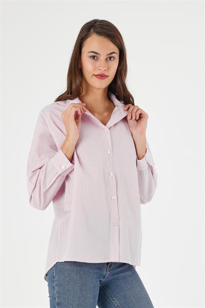 Kadın Çizgili Sırtı Düğme Detaylı Oversize/Geniş Kalıp Dokuma Gömlek 5186/75