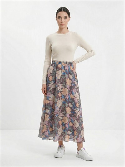 Apsen Kadın Çokrenkli Çiçek Desenli Beli Lastikli Astarlı Uçuşan Şifon Maksi Etek 2204-90
