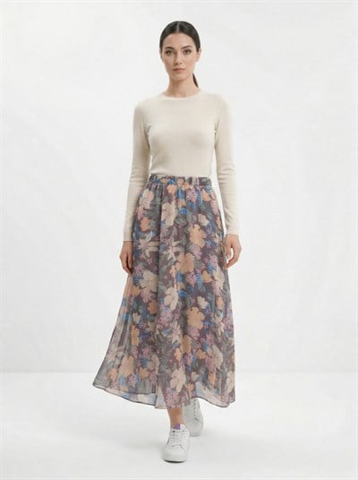 Kadın Çokrenkli Çiçek Desenli Beli Lastikli Astarlı Uçuşan Şifon Maksi Etek 2204-100