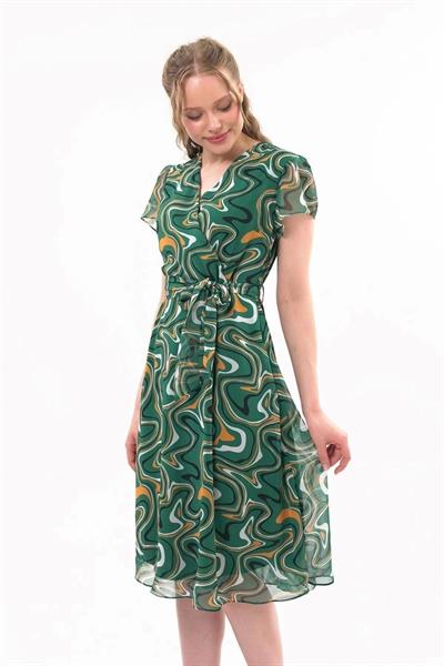 Kadın Desenli Kruvaze Yaka Midi Şifon Elbise 4445/110