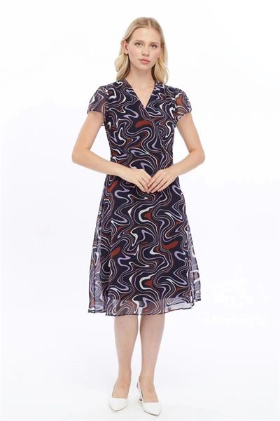 Kadın Desenli Kruvaze Yaka Midi Şifon Elbise 4445/110