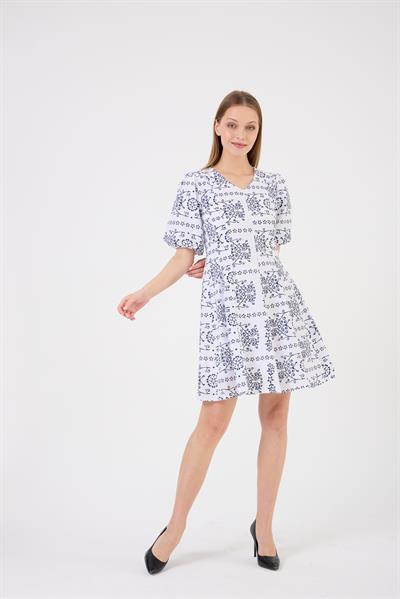 Kadın Dokuma Kumaş Balon Kol Midi Boy Yazlı Elbise 4500/95