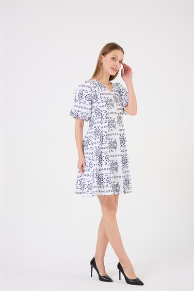 Kadın Dokuma Kumaş Balon Kol Midi Boy Yazlı Elbise 4500/95