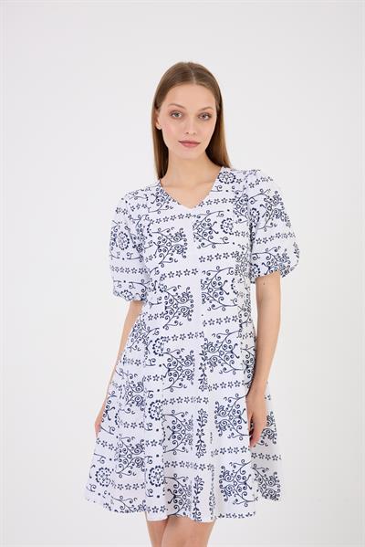 Kadın Dokuma Kumaş Balon Kol Midi Boy Yazlı Elbise 4500/95