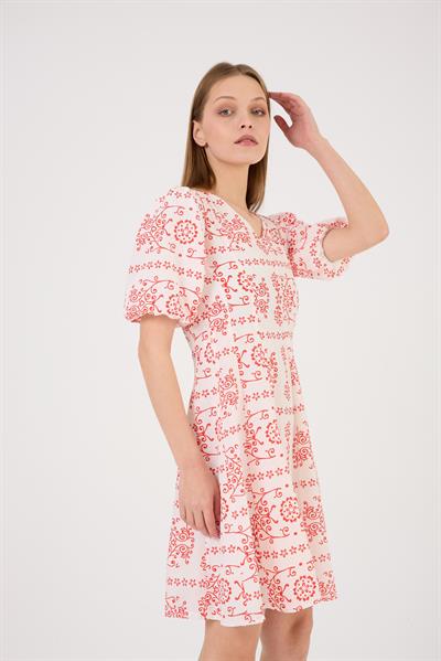 Kadın Dokuma Kumaş Balon Kol Midi Boy Yazlık Kırmızı Elbise 4500/95